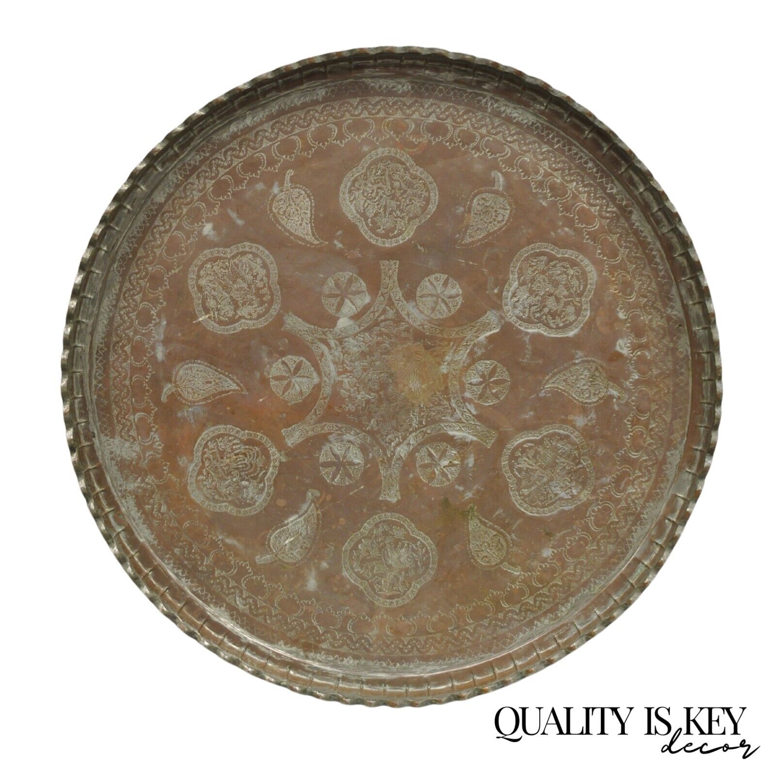 Vintage Copper Syrian Middle Eastern Large 44" Round Engraved Serving Tray