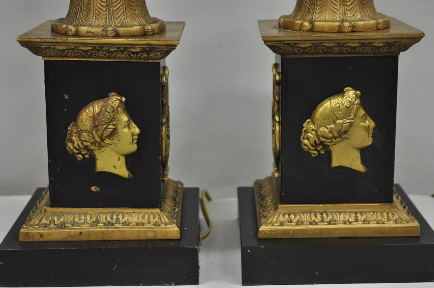 Antique French Empire Style Figural Black & Gold Tall Column Table Lamps - Pair