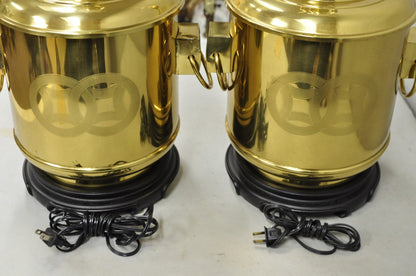 Vintage Frederick Cooper Chinoiserie Double Happiness Brass Drum Table Lamp Pair