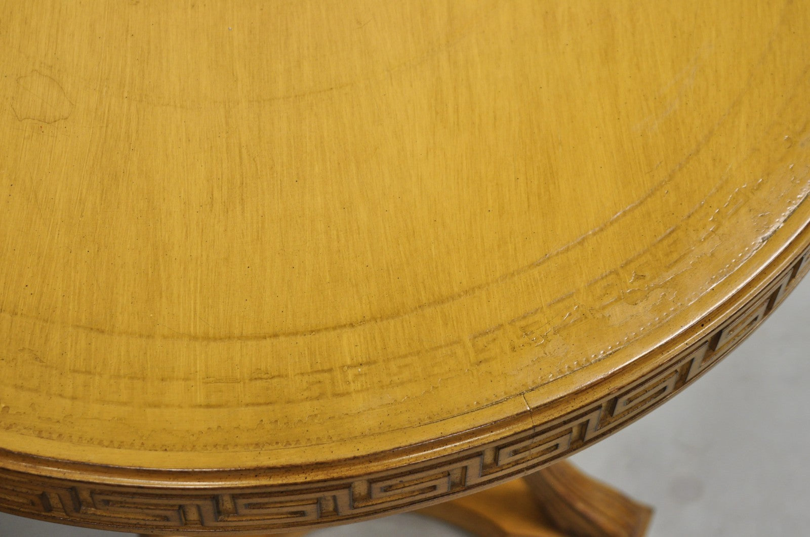 Vintage Italian Regency Round Leather Top Greek Key Carved Side Tables - a Pair