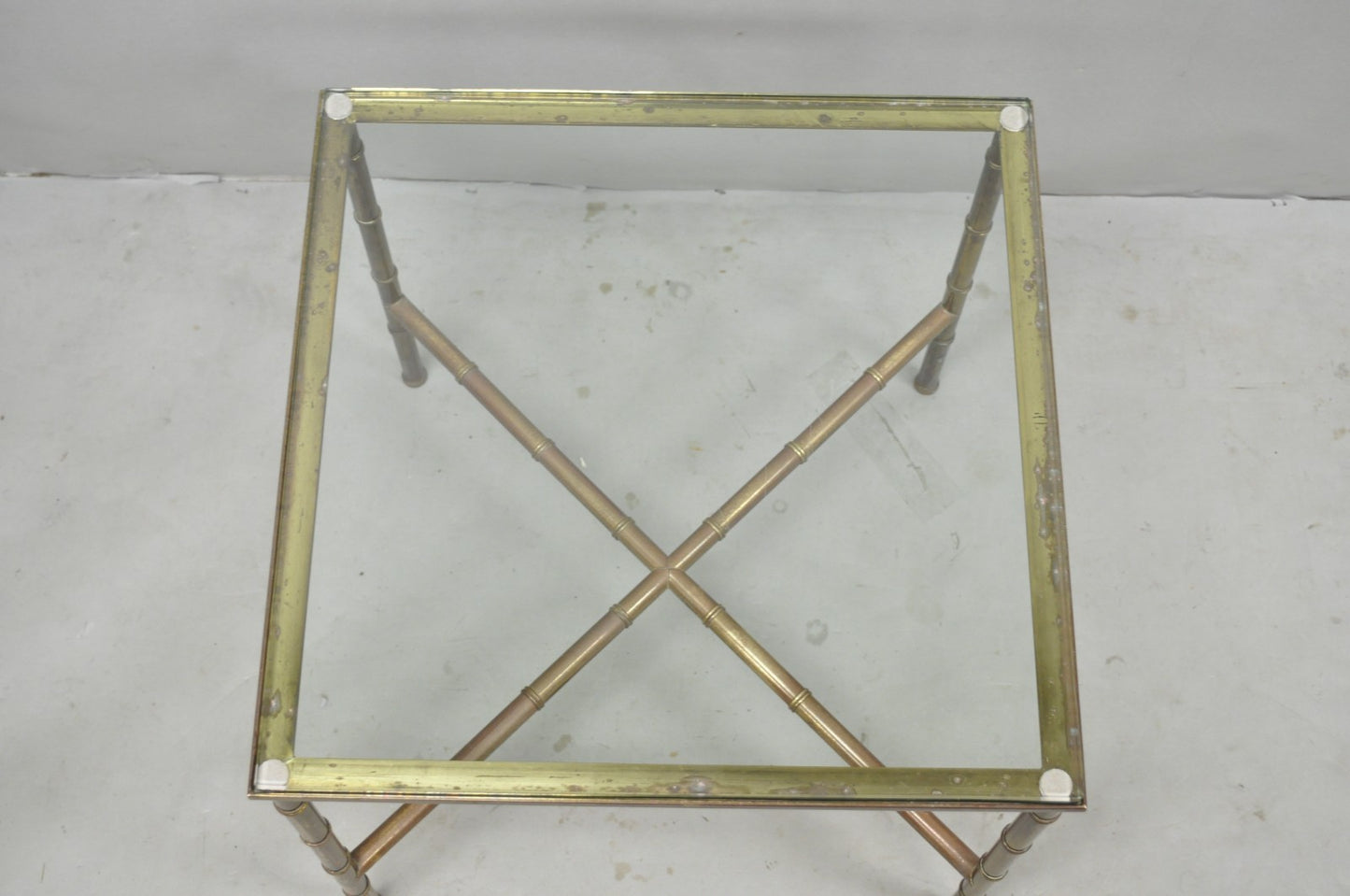 Vintage Hollywood Regency Brass Faux Bamboo Square Glass Top Low Side Table