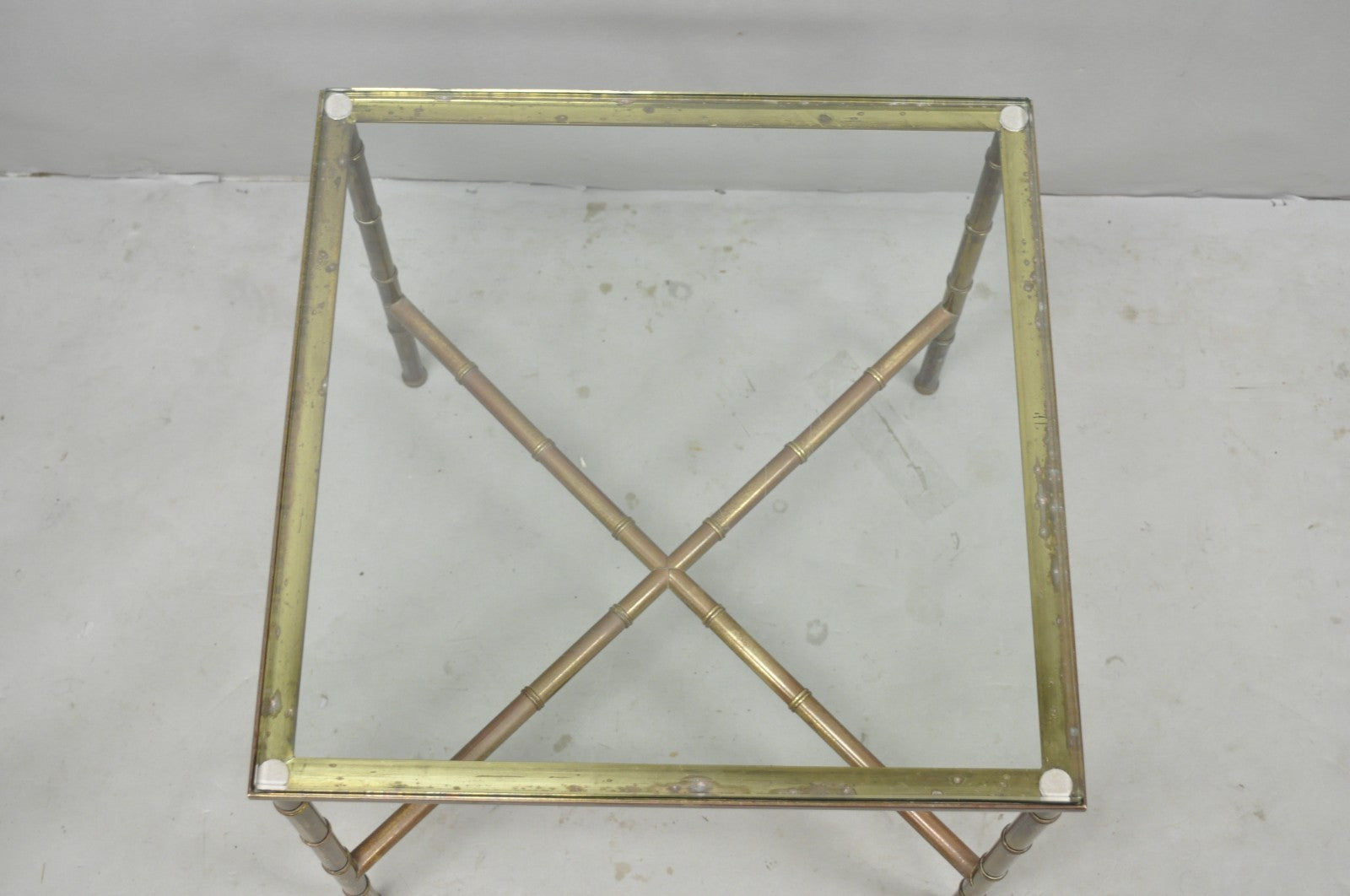 Vintage Hollywood Regency Brass Faux Bamboo Square Glass Top Low Side Table
