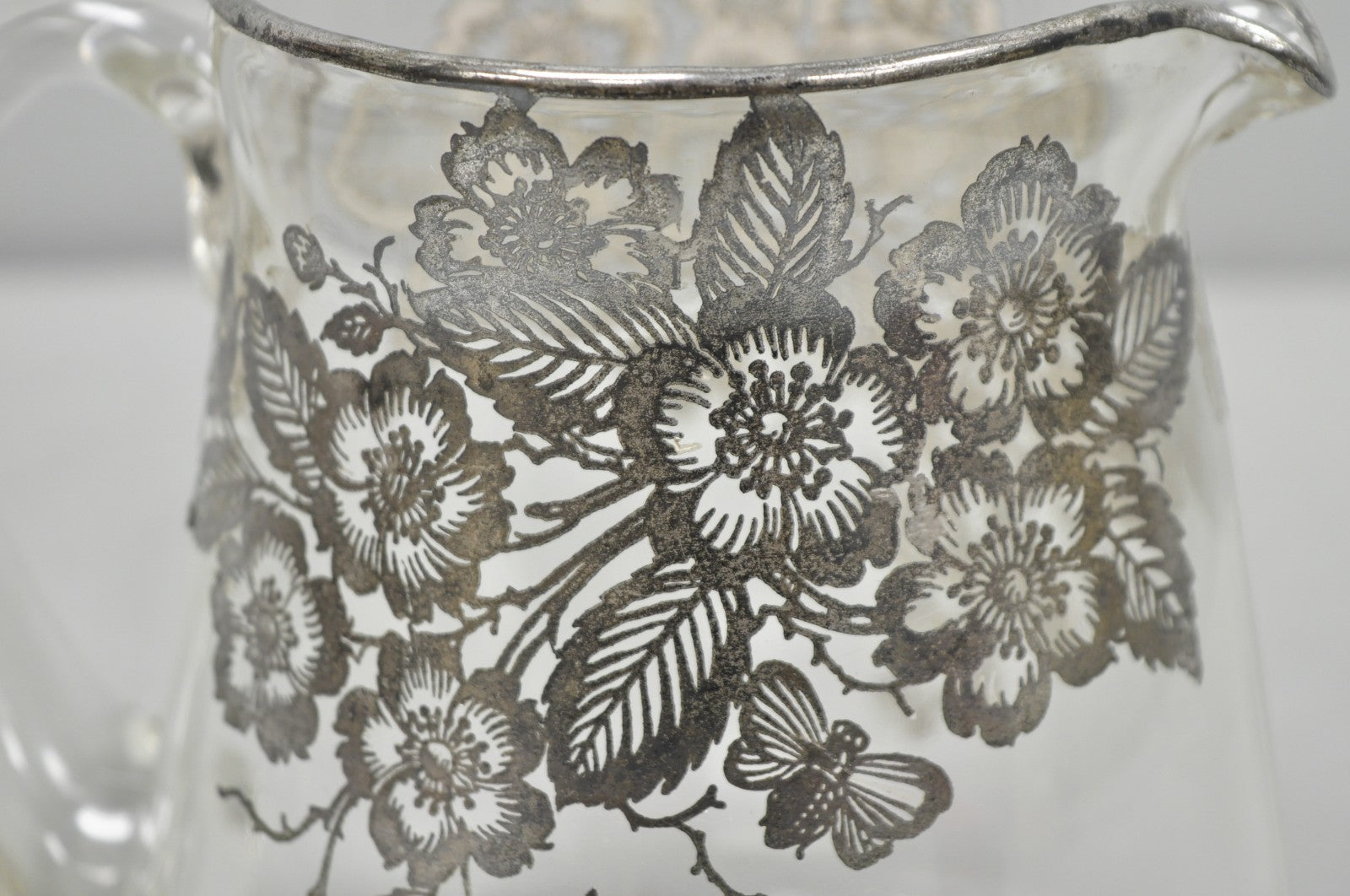 Vintage Art Nouveau Floral Sterling Silver Overlay Crystal Glass Water Pitcher