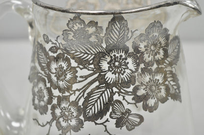 Vintage Art Nouveau Floral Sterling Silver Overlay Crystal Glass Water Pitcher