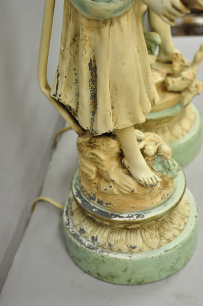 Vintage French Renaissance Moreau Metal Boy and Girl Figural Table Lamp - a Pair
