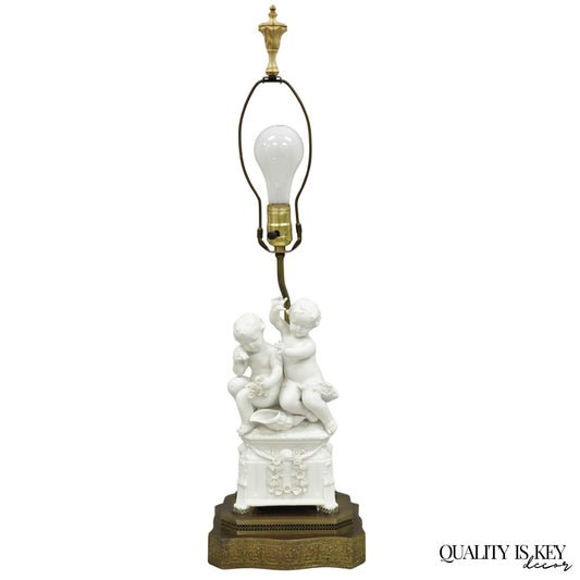 Antique French Parian Bisque Porcelain White Double Cherub & Shell Table Lamp
