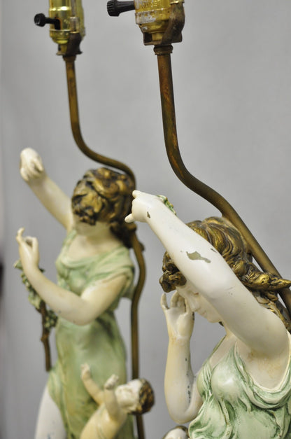 Antique French L&F Moreau Painted Metal Figural Mother & Child Table Lamps Pair