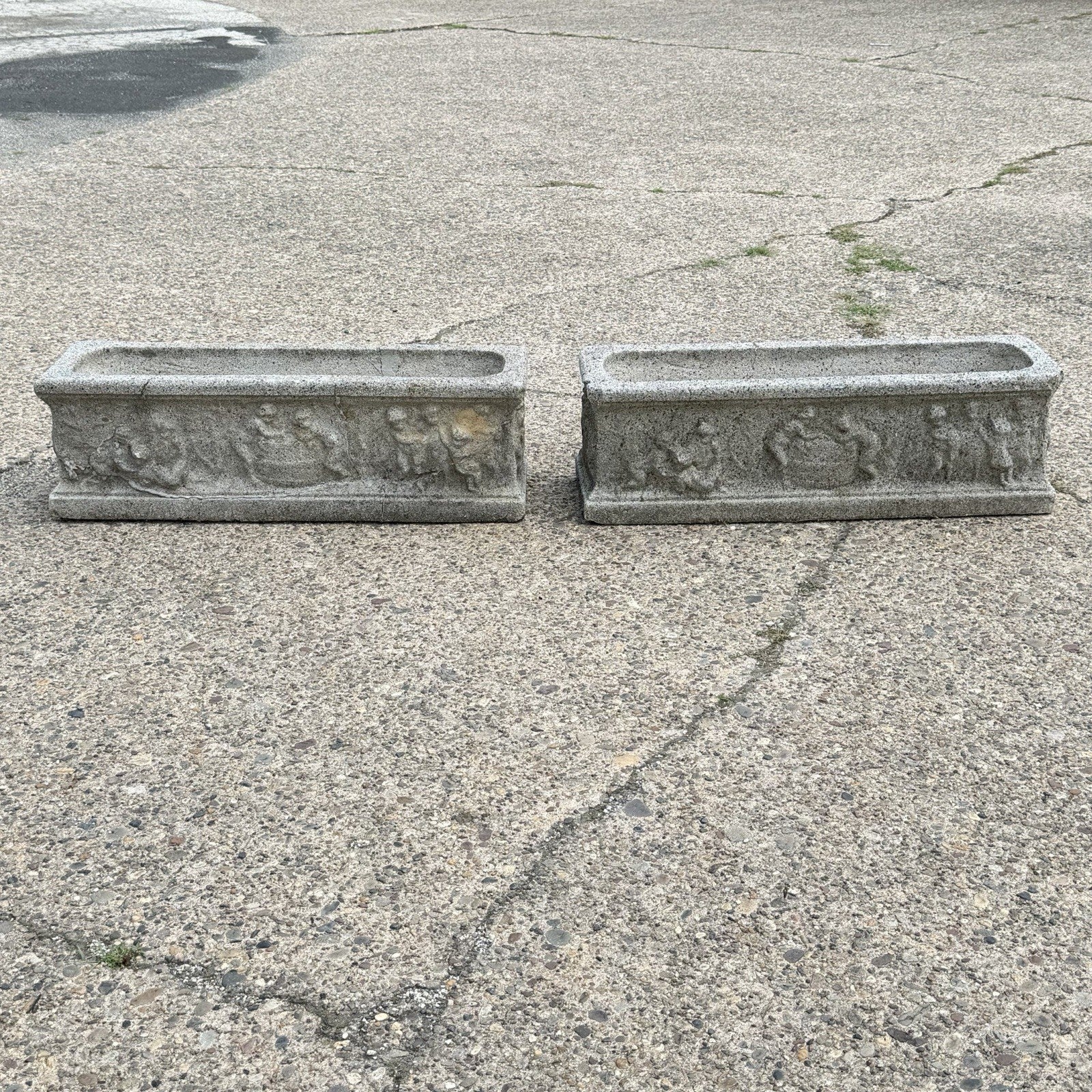 Vintage Neoclassical Style Concrete Cherub 36" Long Garden Planter Pots - a Pair