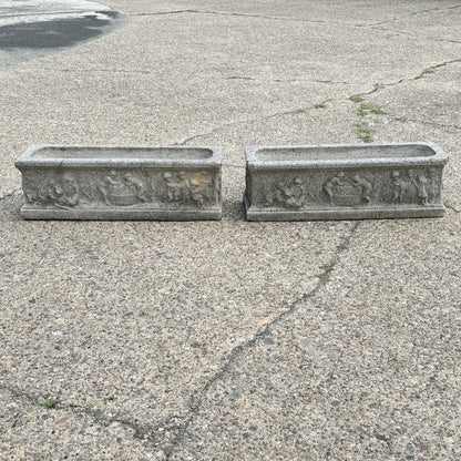 Vintage Neoclassical Style Concrete Cherub 36" Long Garden Planter Pots - a Pair