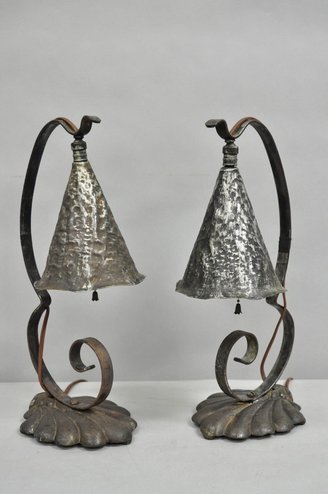 Antique Arts & Crafts Hand Hammered Metal Small Lantern Table Lamps - a Pair