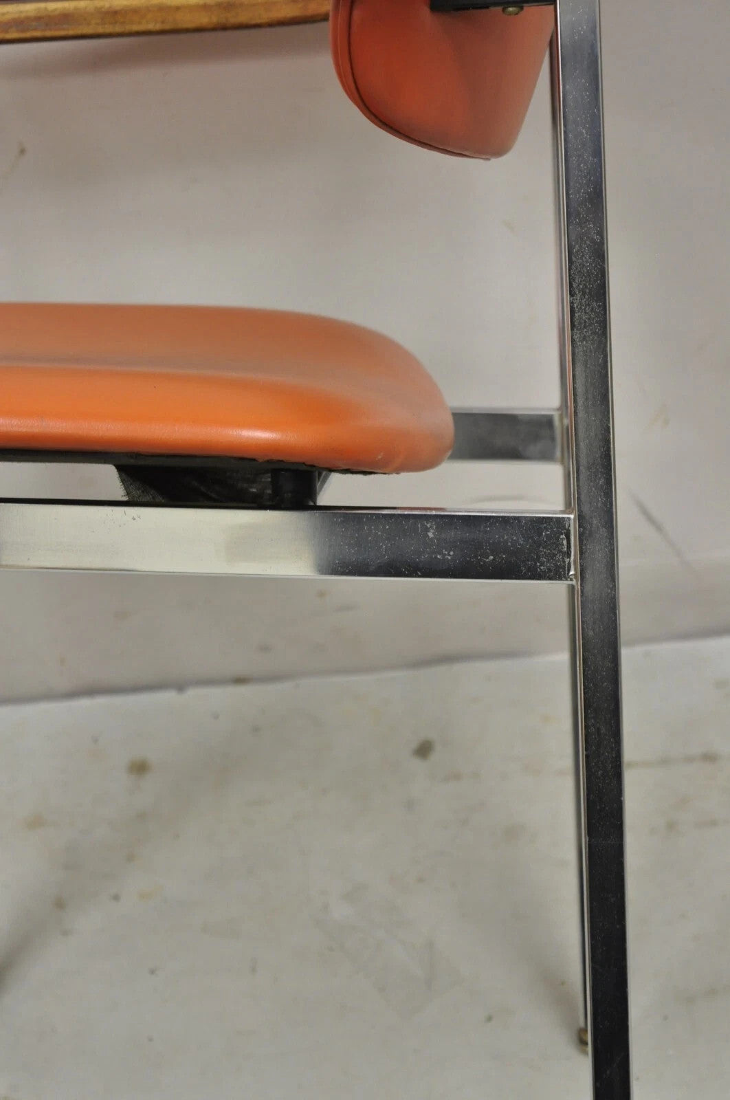Vintage Mid Century Modern Orange Chrome Frame Sloped Wood Arm Side Desk Chair