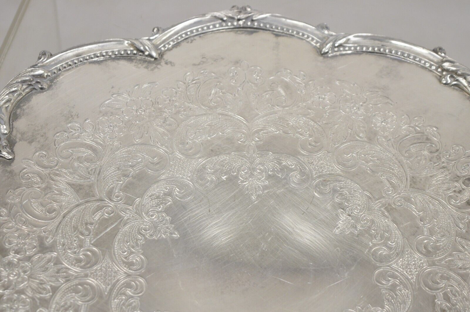 Vintage Victorian Silver Plated Round Scalloped Edge Dish Serving Platter Tray