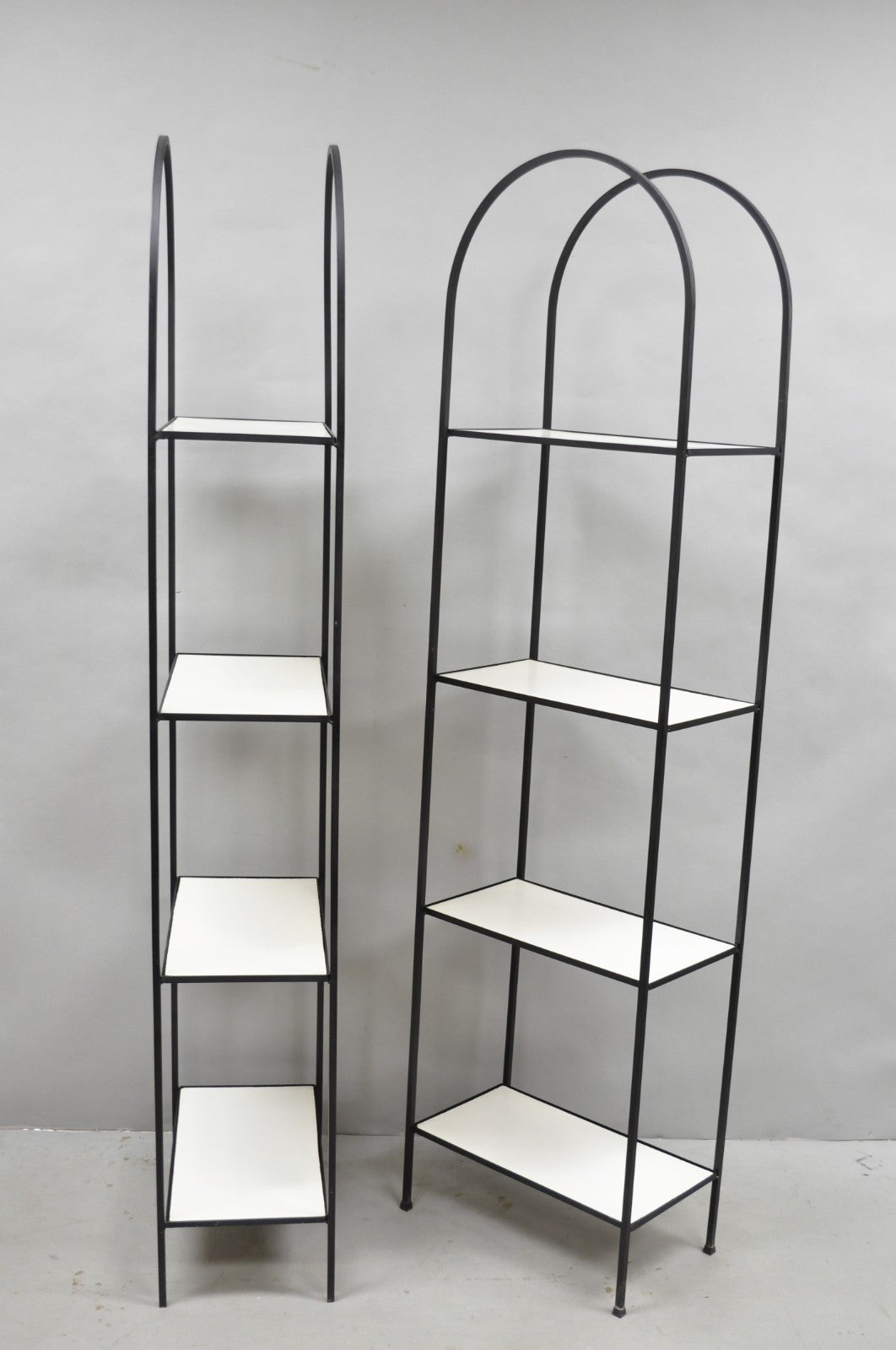 Vintage Mid Century Modern Narrow Arched Wrought Iron Etagere Bookcase - a Pair
