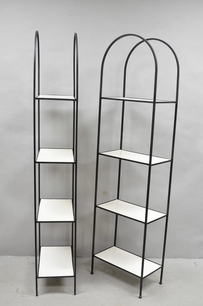 Vintage Mid Century Modern Narrow Arched Wrought Iron Etagere Bookcase - a Pair