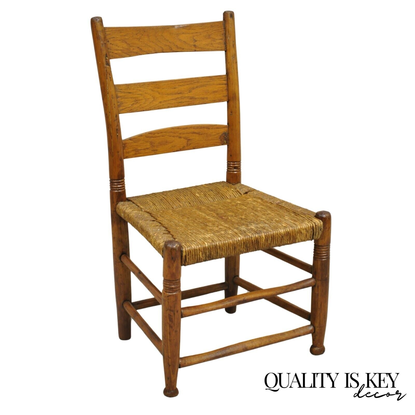 Antique 19th Century Childs Shaker Maple Rush Ladder Back Small Side Chair