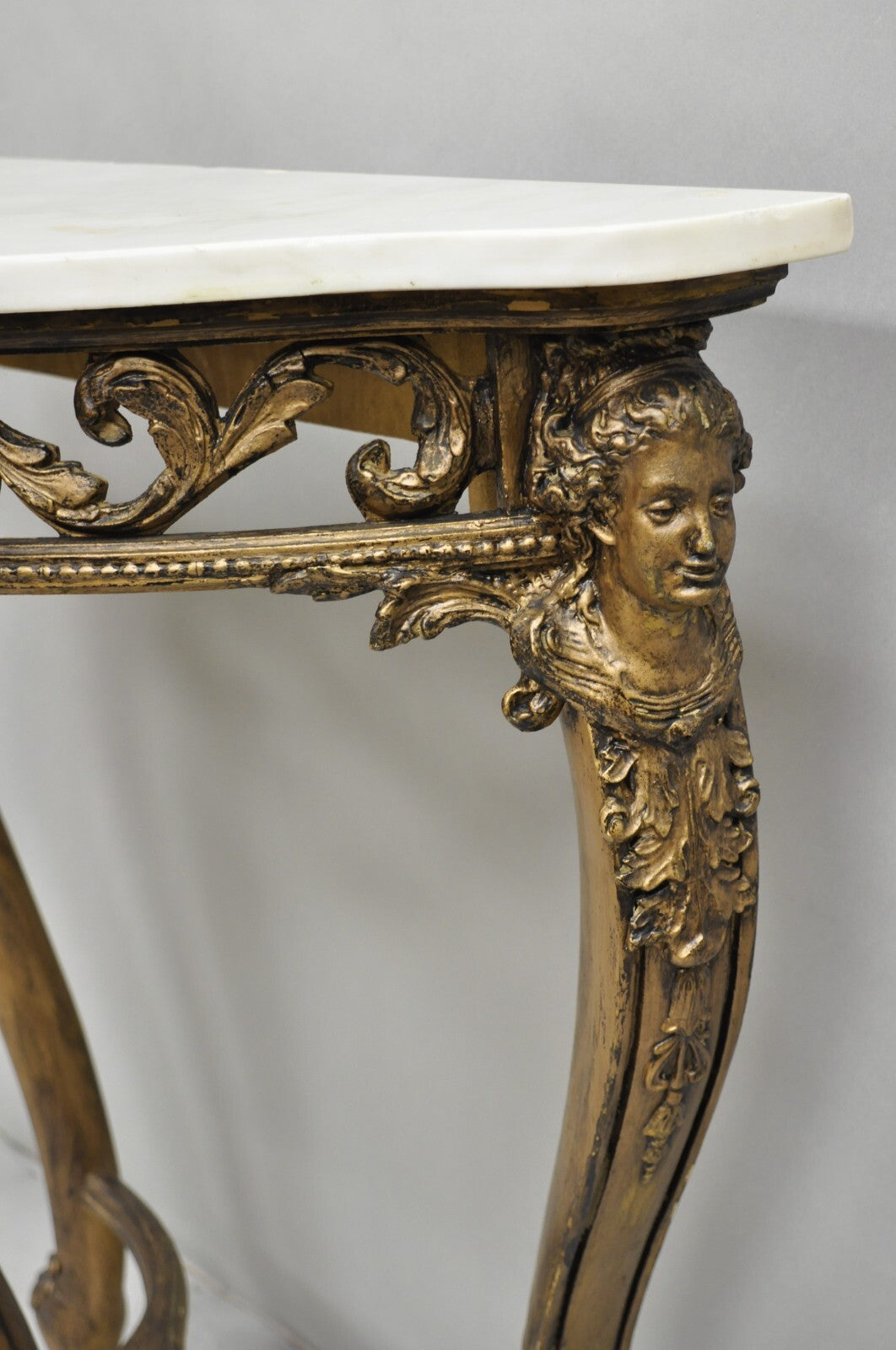Vintage French Rococo Baroque Gold Gilt Gesso Marble Top Figural Console Table