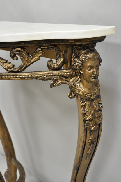 Vintage French Rococo Baroque Gold Gilt Gesso Marble Top Figural Console Table