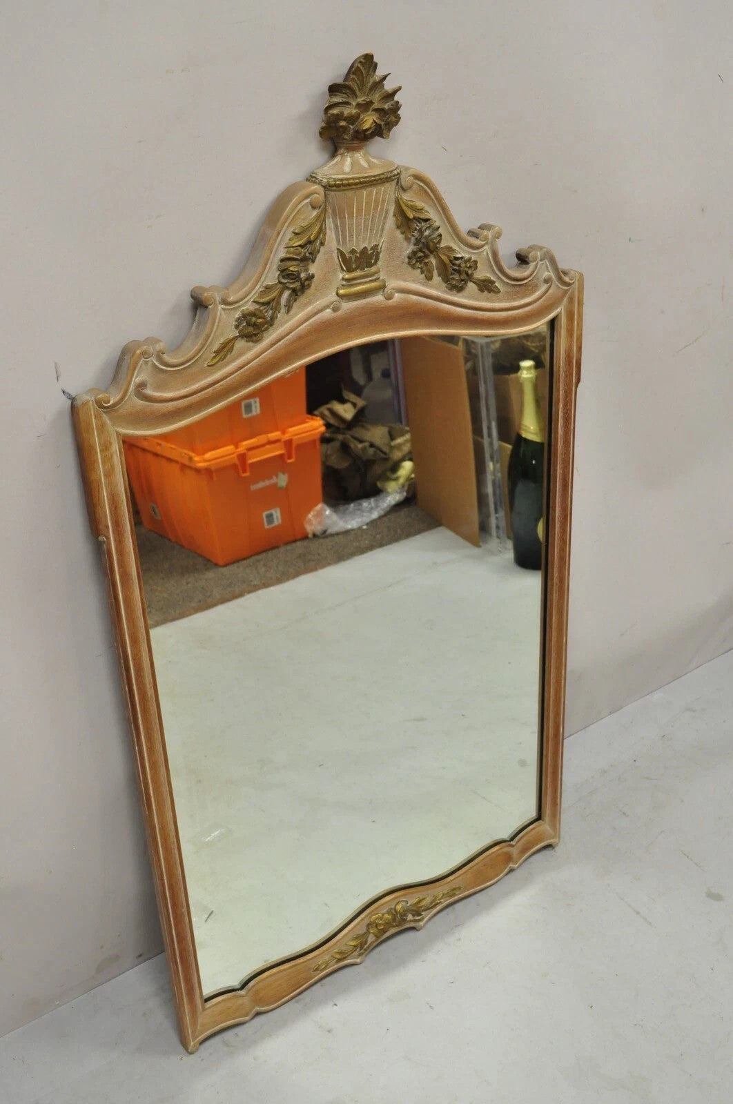 Vintage French Country Provincial Louis XV Style Carved Wood Urn Wall Mirror