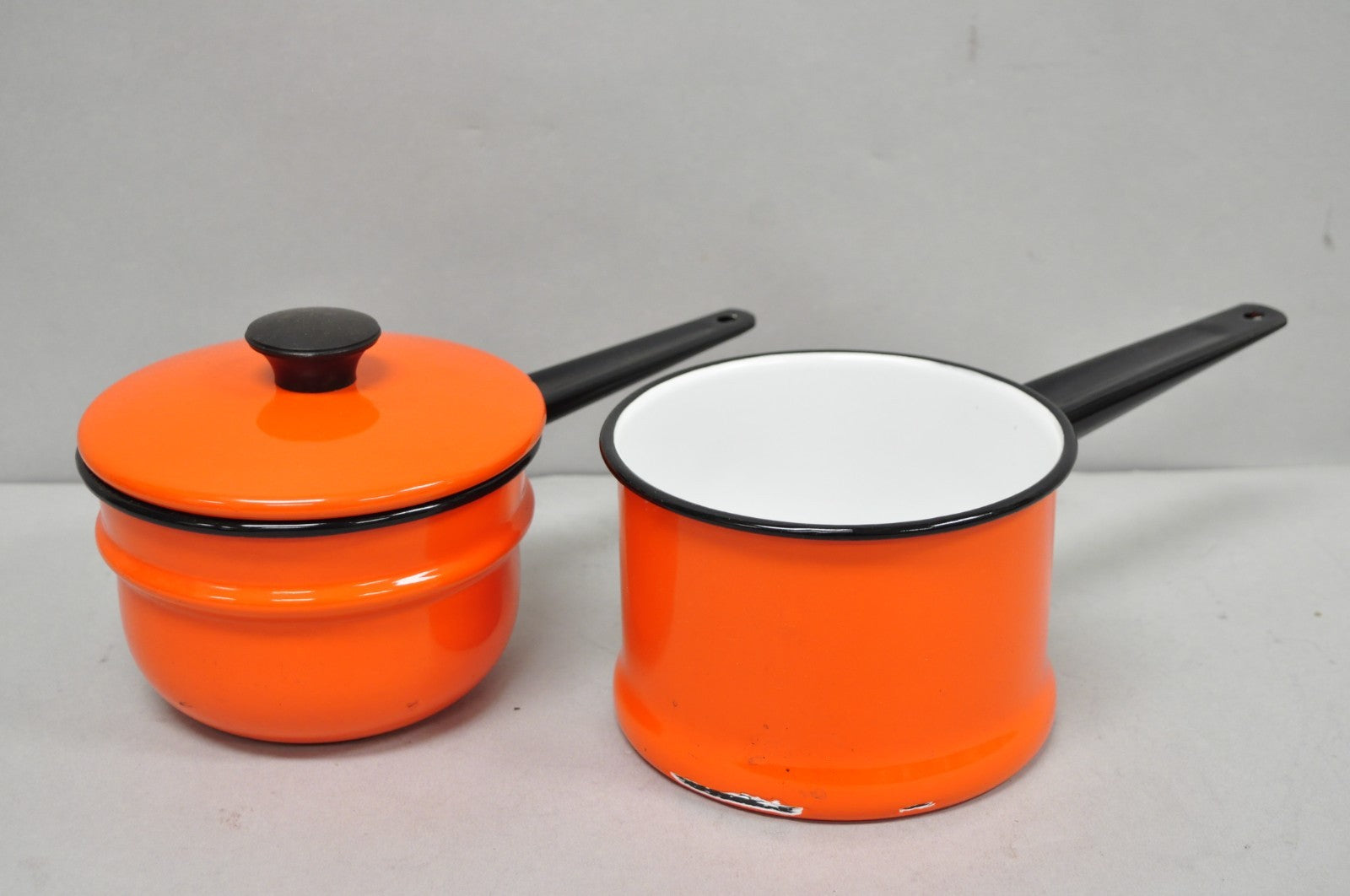 Vintage Enamel Orange & Black Metal Double Boiler Nesting Pot w/ Lid