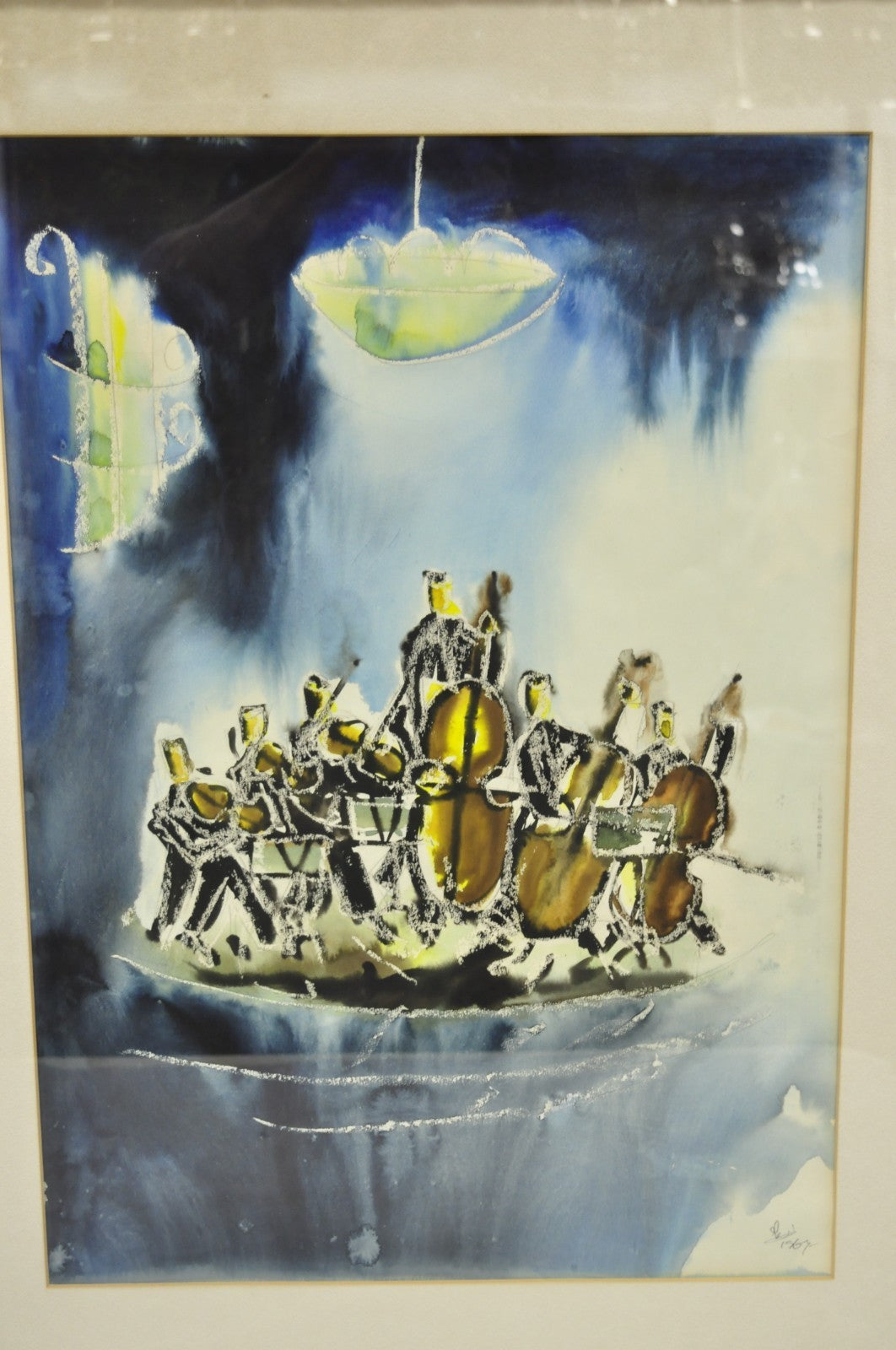 Itzhak Nesher (Austrian Israeli b 1929) "String Group" Judaica Watercolor Signed