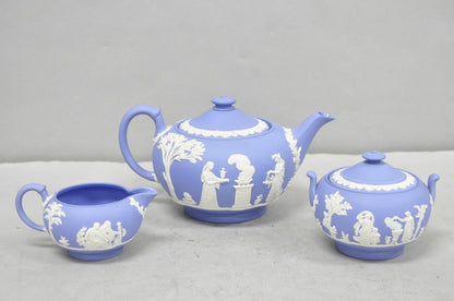 Antique Wedgwood Blue Jasperware Tea Set w/ Tea Pot Creamer Sugar Bowl 3 Pc Set