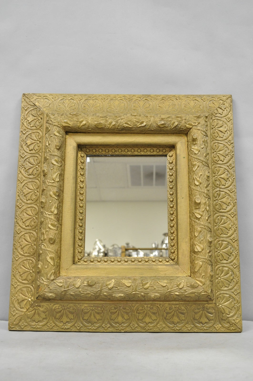Antique Victorian Gold Giltwood Gesso Leaf Vine Small Black Forrest Wall Mirror