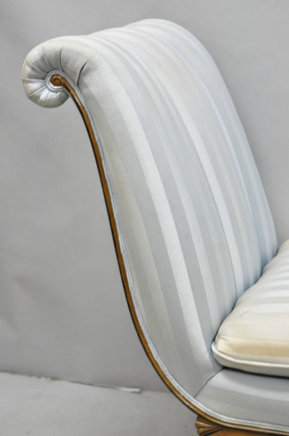 French Hollywood Regency Carved Walnut Rolled Back Slipper Lounge Chair - a Pair