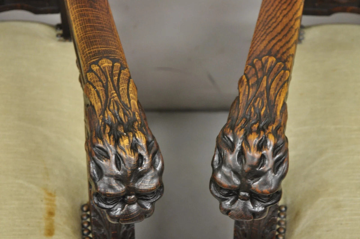 RJ Horner Attr Renaissance Figural Lion Carved Oak Wood Dining Chairs - Set of 6