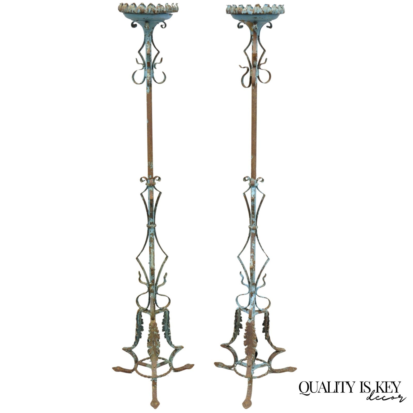 Antique Gothic Renaissance Wrought Iron Italian Candle Holder Candelabra - Pair