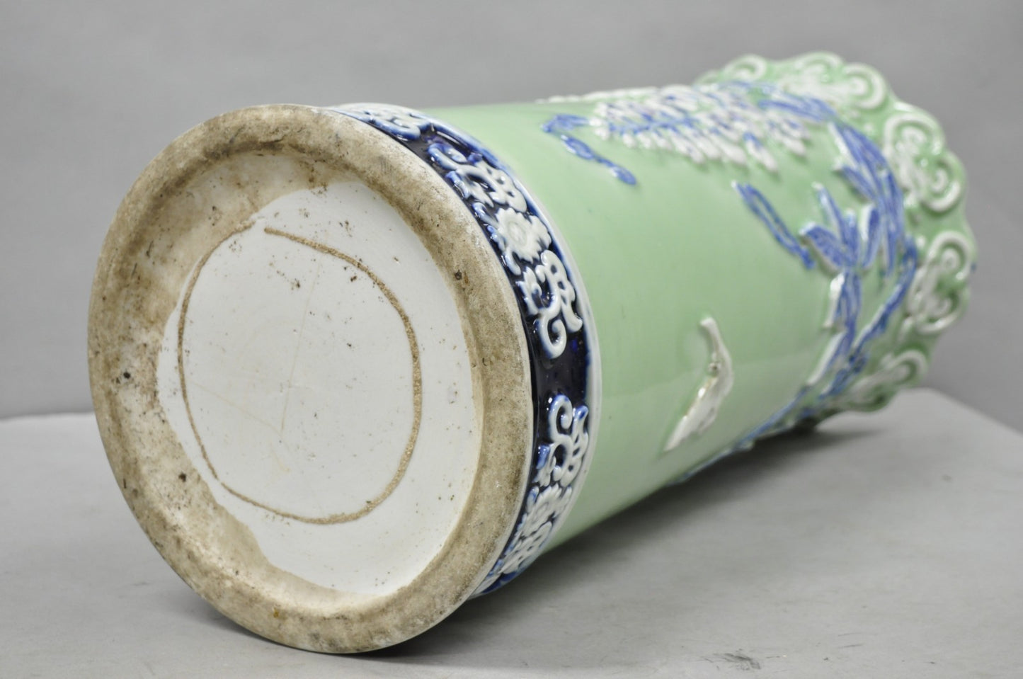 Japanese Porcelain Glazed Celadon Wisteria Flower & Butterfly Umbrella Stand