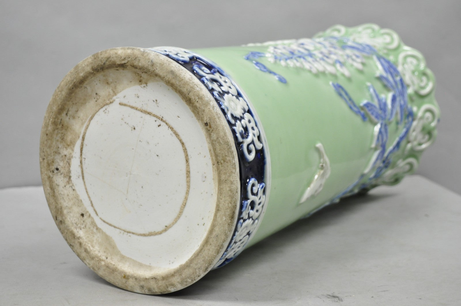 Japanese Porcelain Glazed Celadon Wisteria Flower & Butterfly Umbrella Stand