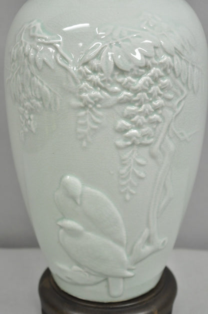 Chinoiserie Chinese Green Celadon Porcelain "Love Birds" Jardiniere Table Lamp