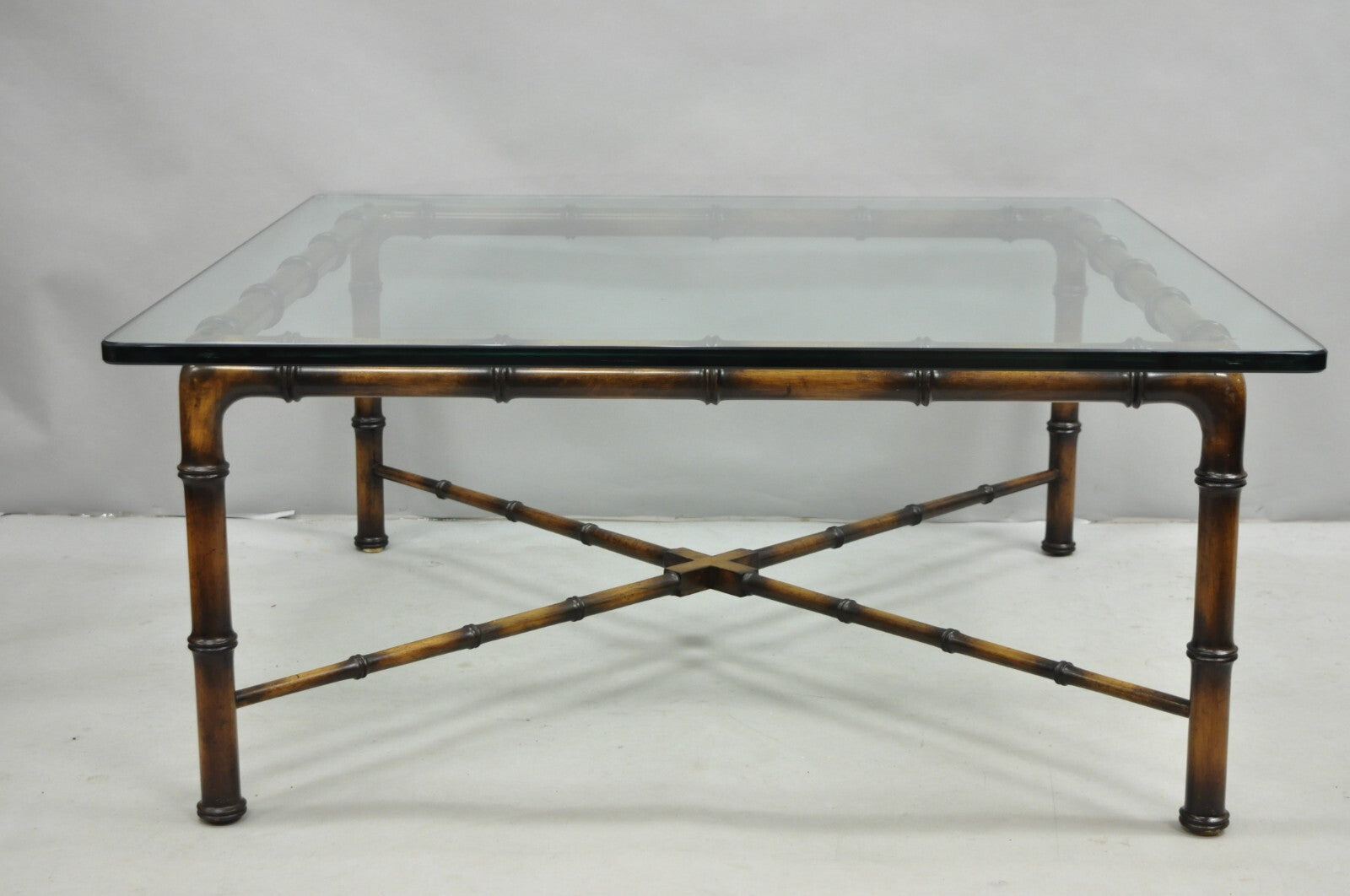 Vintage Hollywood Regency Chinese Chippendale Faux Bamboo Square Coffee Table