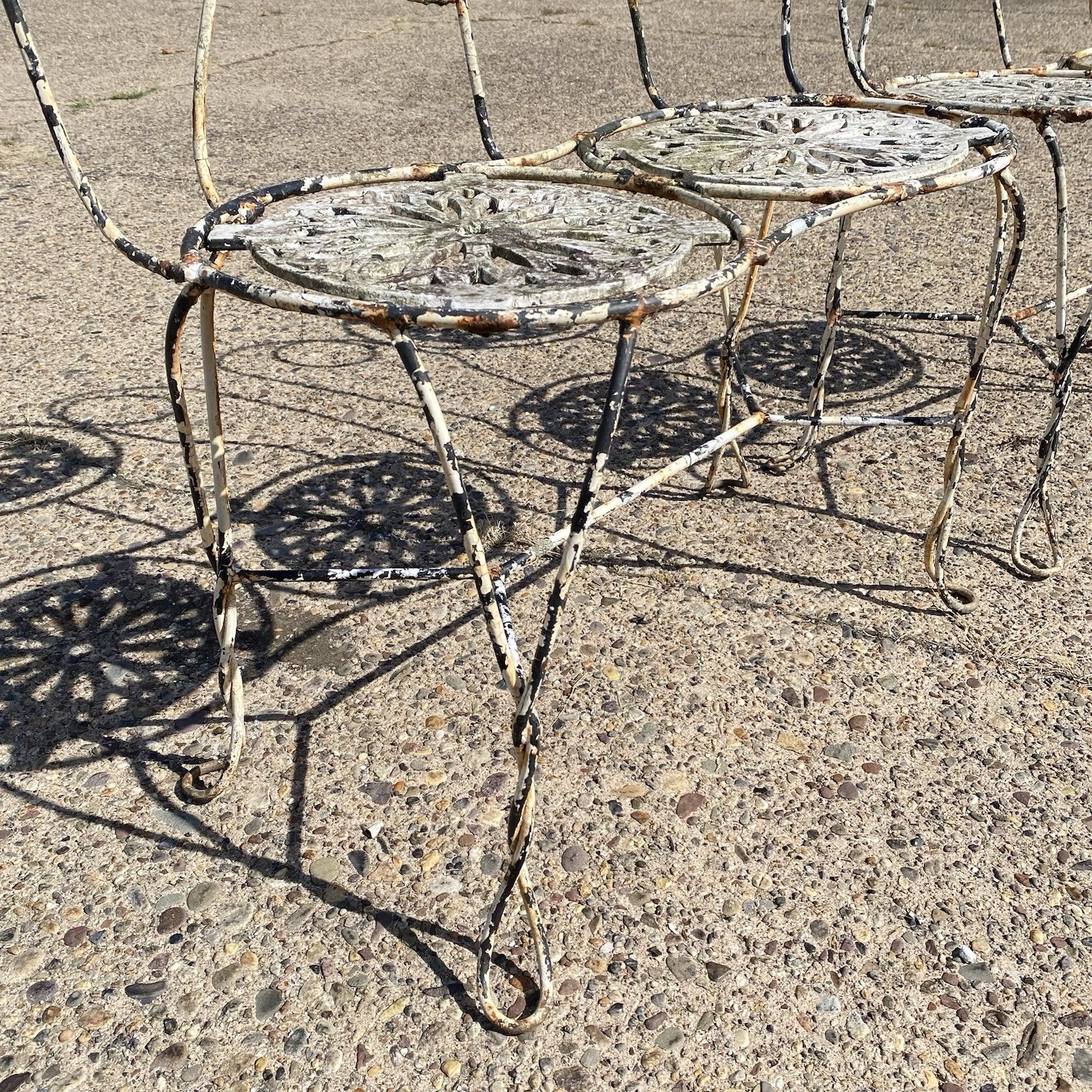 Antique Victorian French Wrought Iron Small Garden Patio Bench Plant Seat, Pair
