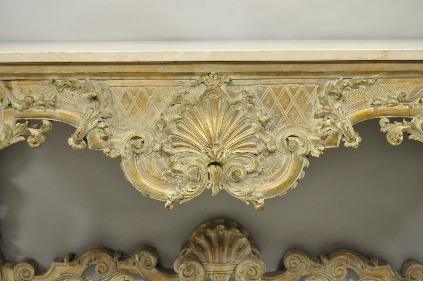 Antique French Louis XV Rococo Style Shell Carved 68" Marble Top Console Table