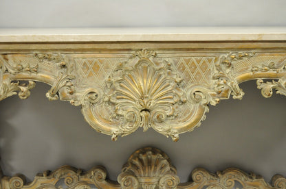 Antique French Louis XV Rococo Style Shell Carved 68" Marble Top Console Table