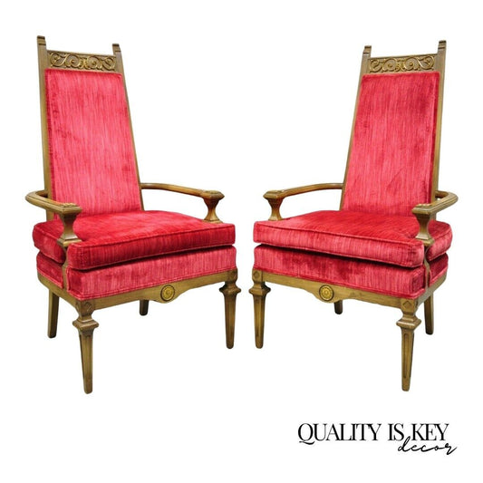 Vintage Italian Hollywood Regency Red High Back Lounge Arm Chairs - a Pair