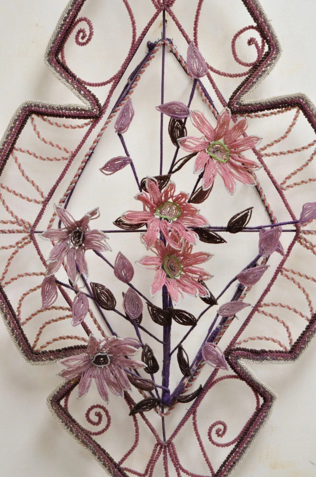 French Victorian Glass Beaded Purple Flower Casket Wreath Wall Art Sculpture (B)