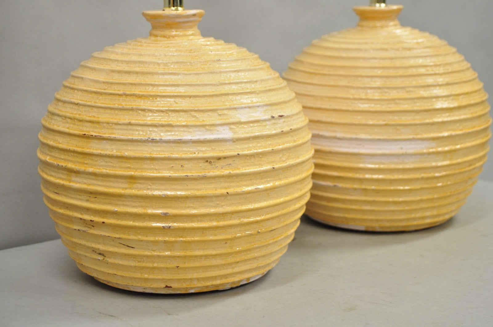 Vintage Mid Century Modern Lacquered Fiberglass Round Beehive Table Lamps - Pair