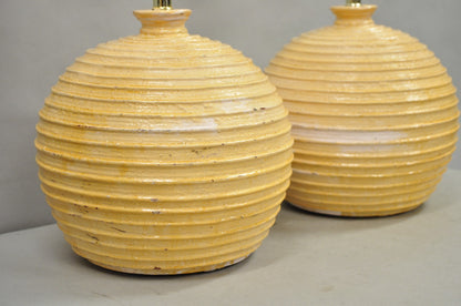 Vintage Mid Century Modern Lacquered Fiberglass Round Beehive Table Lamps - Pair