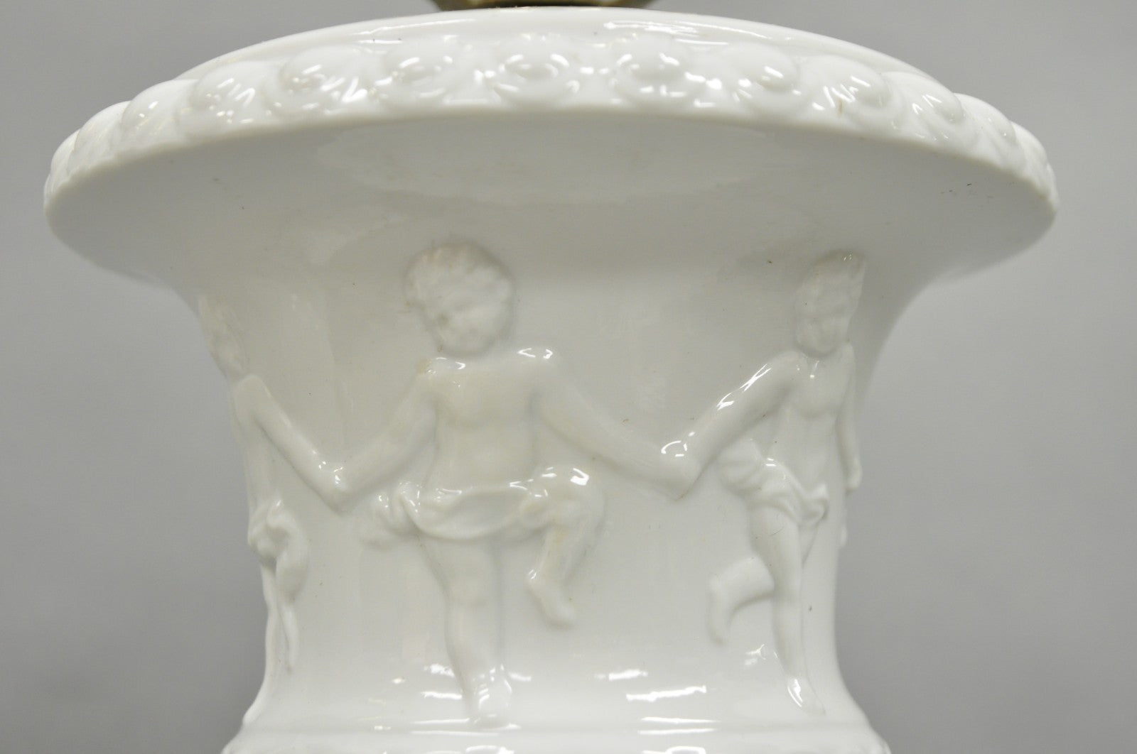 Vintage Italian Neoclassical White Porcelain Urn Table Lamps w/ Cherubs - a Pair