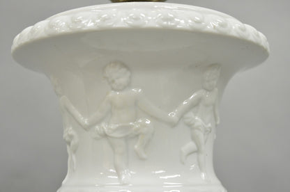 Vintage Italian Neoclassical White Porcelain Urn Table Lamps w/ Cherubs - a Pair