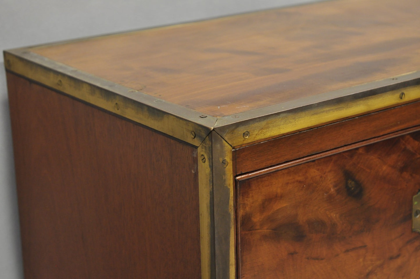 Antique English 4 Drawer Brass Banded Burr Walnut Campaign Chest Dresser
