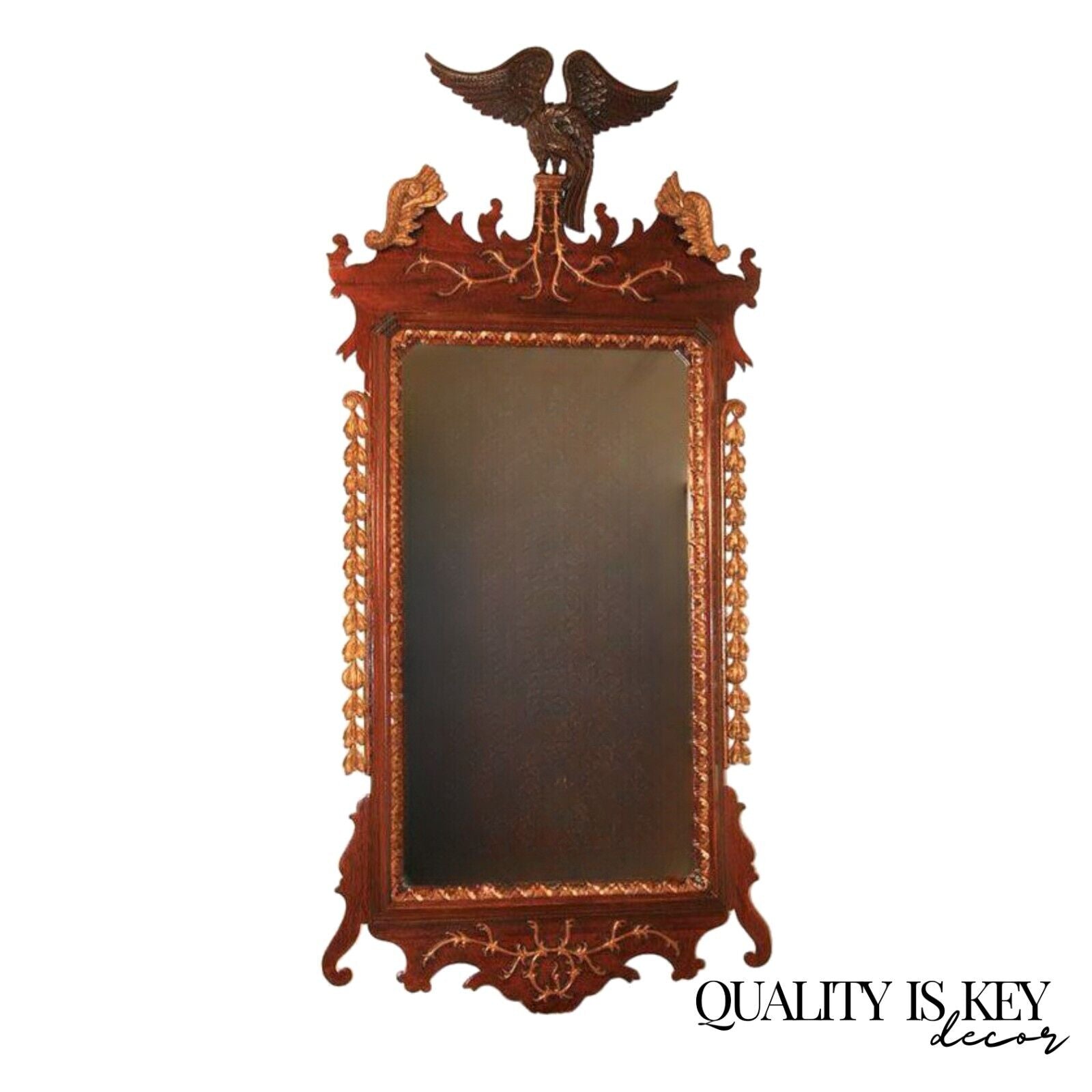 Antique Chippendale Style Mahogany and Giltwood Phoenix Bird Large Wall Mirror