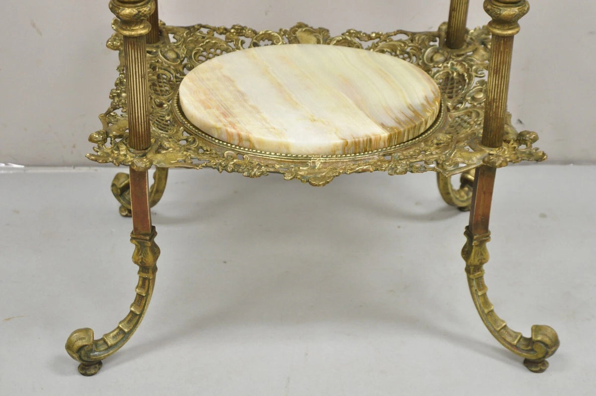 Antique French Victorian Bronze 2 Tier Onyx Stone Plant Stand Accent Side Table
