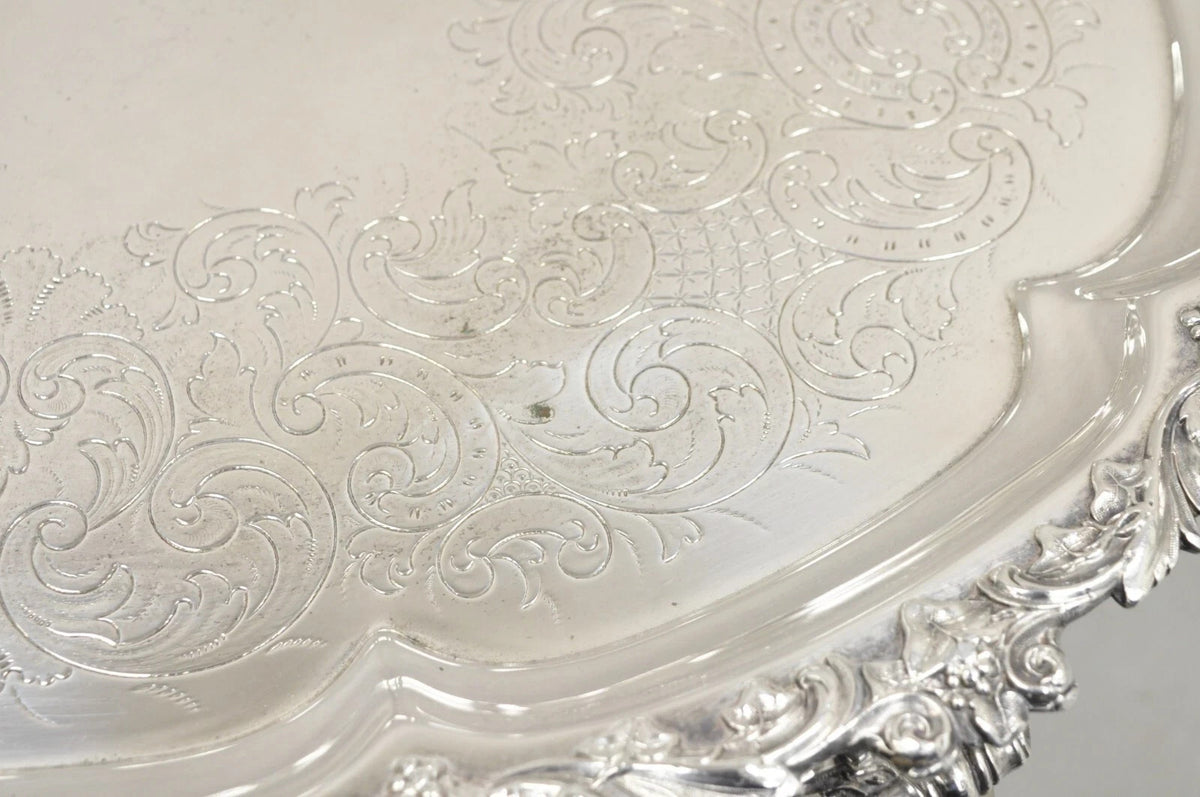 Antique Victorian English Sheffield Ornate Oval Footed Serving Platter Bar Tray