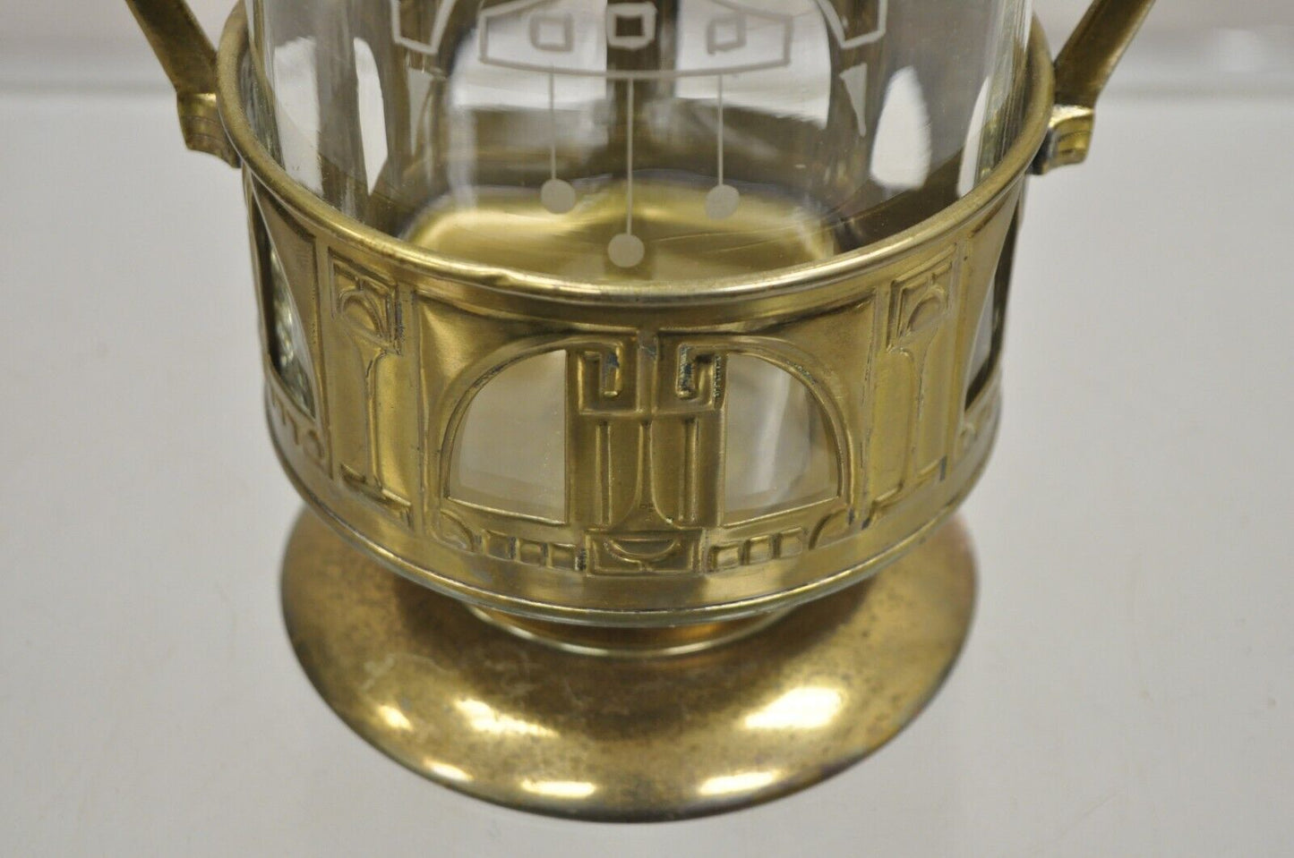 Antique German Art Nouveau Brass Metal Pickle Castor w/ Etched Glass Insert