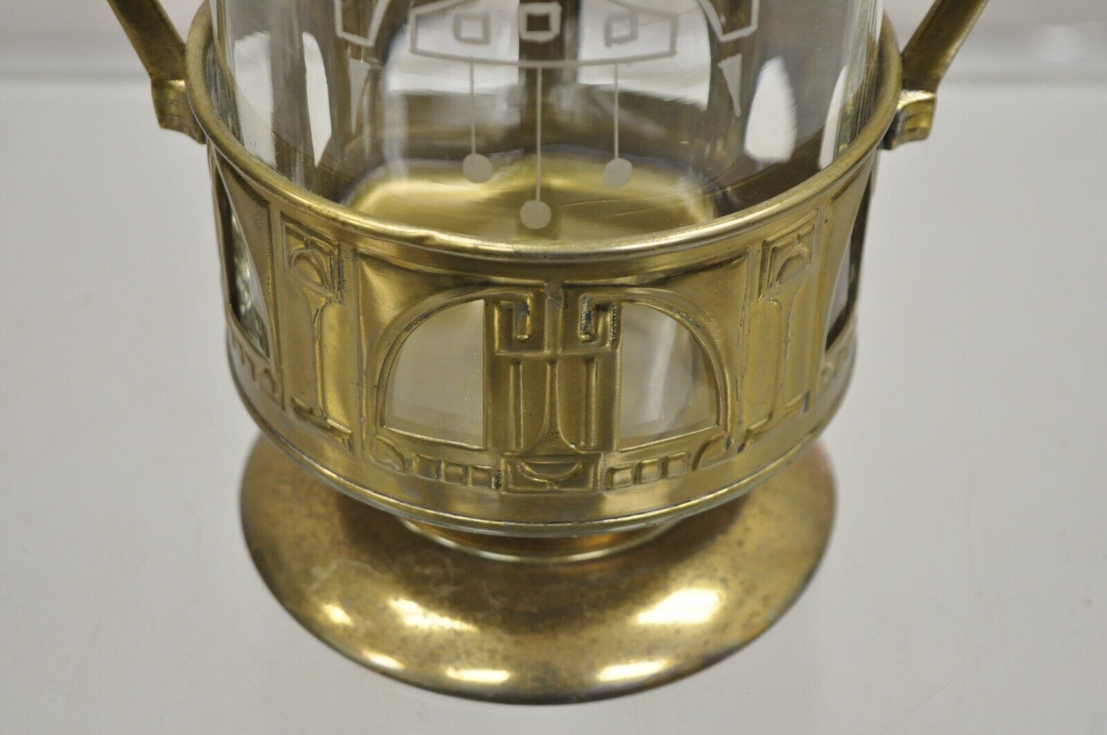 Antique German Art Nouveau Brass Metal Pickle Castor w/ Etched Glass Insert