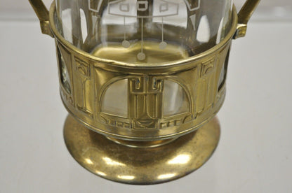 Antique German Art Nouveau Brass Metal Pickle Castor w/ Etched Glass Insert