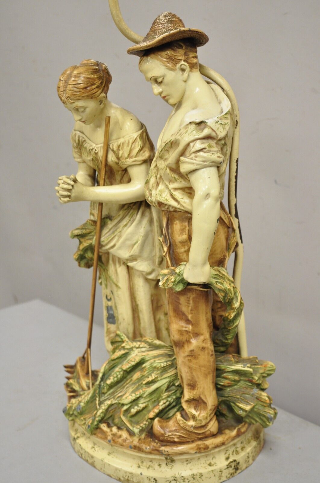 Vintage French Figural "Farmer Husband and Wife Praying over Crops" Table Lamp